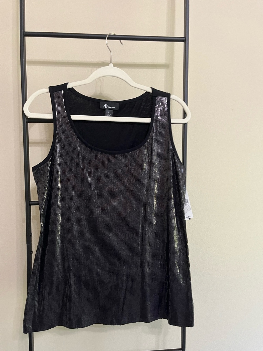 AB Studio Black Sequin Tank Top Size Large Sleeveless Party Blouse NWT